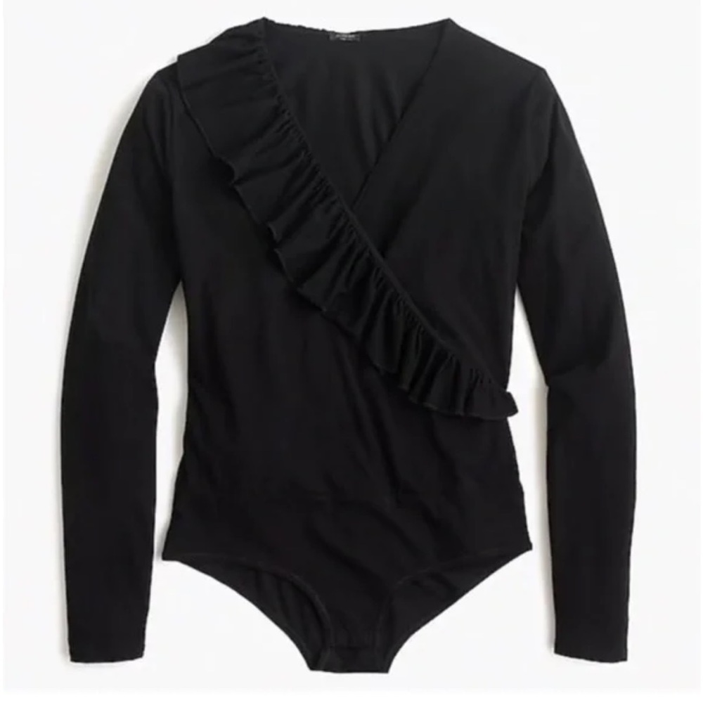 J.Crew Black Ruffled Faux Wrap Long Sleeve Bodysuit Sz Sm